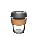 KeepCup Brew Cork M 12oz in Press colour, featuring a tempered glass cup with natural cork band and charcoal grey lid with cream-coloured plug, shown against a plain white background.