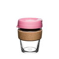 KeepCup Brew Cork in Saskatoon, medium 12oz size, featuring a clear glass cup with natural cork band and pink silicone lid with sip hole, shown against a white background.