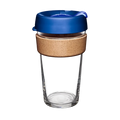 KeepCup Brew Cork L 16oz in Electric Blue, shown against a white background. The reusable cup features a clear glass body, natural cork band for heat protection, and a blue plastic lid with sip-through opening.