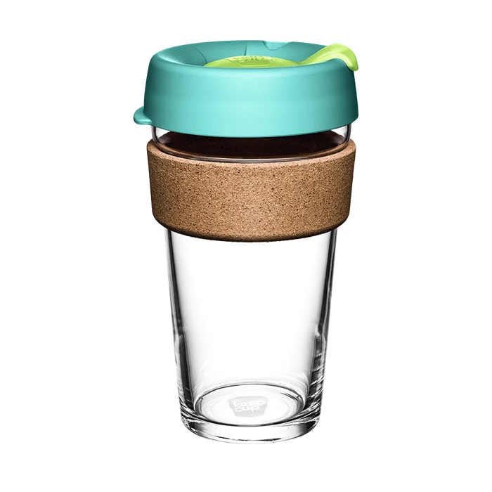 KeepCup Brew Cork L 16oz in Matcha, featuring a clear glass cup with natural cork band and teal lid with lime green plug, shown against a white background.