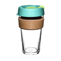KeepCup Brew Cork L 16oz in Matcha, featuring a clear glass cup with natural cork band and teal lid with lime green plug, shown against a white background.