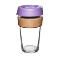 KeepCup Brew Cork L 16oz in Moonlight, featuring a clear tempered glass cup with a natural cork band and lavender-coloured lid with sipper closure, shown against a white background.