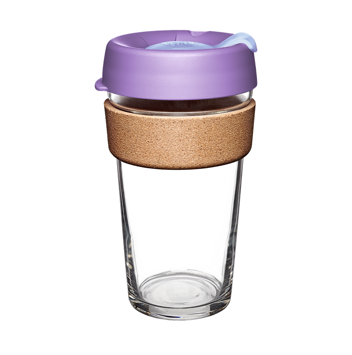 KeepCup Brew Cork L 16oz in Moonlight, featuring a clear tempered glass cup with a natural cork band and lavender-coloured lid with sipper closure, shown against a white background.