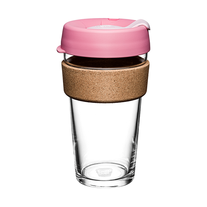KeepCup Brew Cork L 16oz in Saskatoon, featuring a clear tempered glass cup with a natural cork band and pink silicone lid with sip hole, shown against a white background.