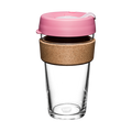 KeepCup Brew Cork L 16oz in Saskatoon, featuring a clear tempered glass cup with a natural cork band and pink silicone lid with sip hole, shown against a white background.