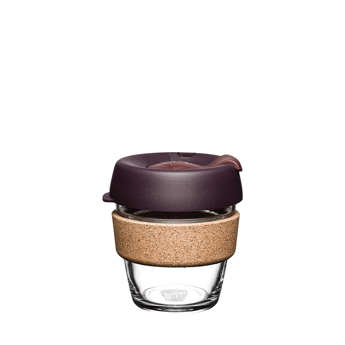 KeepCup Brew Cork XS 6oz in Alder colour, featuring a clear tempered glass cup with natural cork band and dark plum-coloured lid with sipper, shown against a white background.