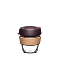KeepCup Brew Cork XS 6oz in Alder colour, featuring a clear tempered glass cup with natural cork band and dark plum-coloured lid with sipper, shown against a white background.