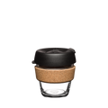 KeepCup Brew Cork XS 6oz in Black, featuring a clear glass cup with natural cork band and black lid with sipper closure, shown against a white background.