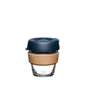 KeepCup Brew Cork XS 6oz in Spruce, featuring a clear glass cup with natural cork band and deep blue lid, shown against a plain white background.