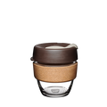 KeepCup Brew Cork S 8oz in Almond, featuring a clear glass cup with natural cork band and brown silicone lid with cream-coloured plug, shown against a plain white background.