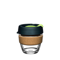 KeepCup Brew Cork S 8oz in Deep, featuring a clear glass cup with natural cork band, dark navy silicone lid and bright green plug, shown against a plain white background.