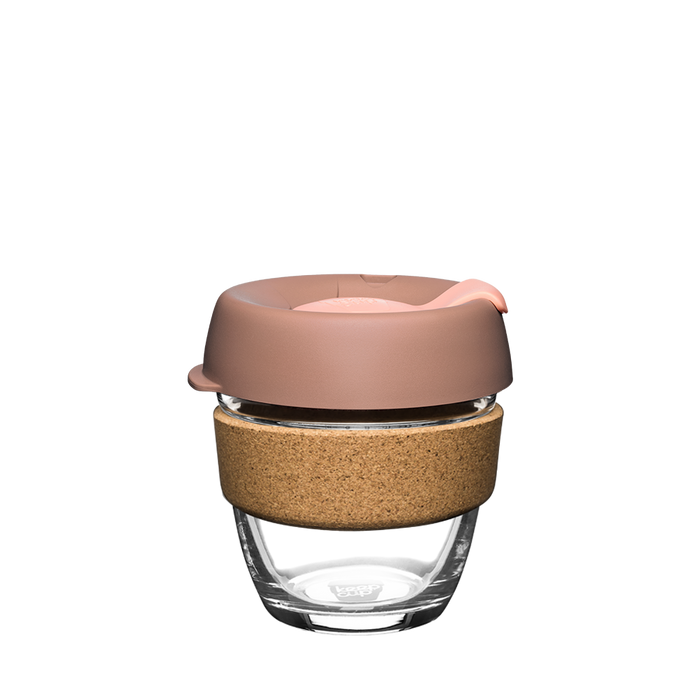 KeepCup Brew Cork S 8oz in Frappe, featuring a clear tempered glass cup with natural cork band and dusty pink silicone lid with sip hole, shown against a white background.