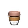 KeepCup Brew Cork S 8oz in Frappe, featuring a clear tempered glass cup with natural cork band and dusty pink silicone lid with sip hole, shown against a white background.