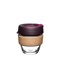 KeepCup Brew Cork S 8oz in Nutmeg, featuring a clear tempered glass cup with natural cork band, dark plum-coloured lid and bright pink plug, shown on a plain white background.