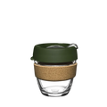 KeepCup Brew Cork S 8oz in Pine, featuring a clear tempered glass cup with natural cork band and olive green silicone lid with sipper, shown against a white background.