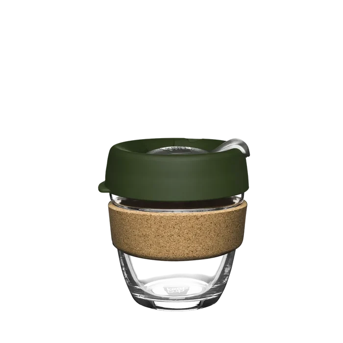 KeepCup Brew Cork S 8oz in Pine, featuring a clear tempered glass cup with natural cork band and olive green silicone lid with sipper, shown against a white background.