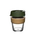 KeepCup Brew Cork M 12oz in Pine, featuring a clear glass cup with natural cork band and olive green lid with sipper spout, shown against a white background.