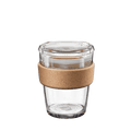 Brew Cork Quicksip M 12oz reusable glass coffee cup with natural cork band and clear plastic lid, shown at a slight angle against a white background.