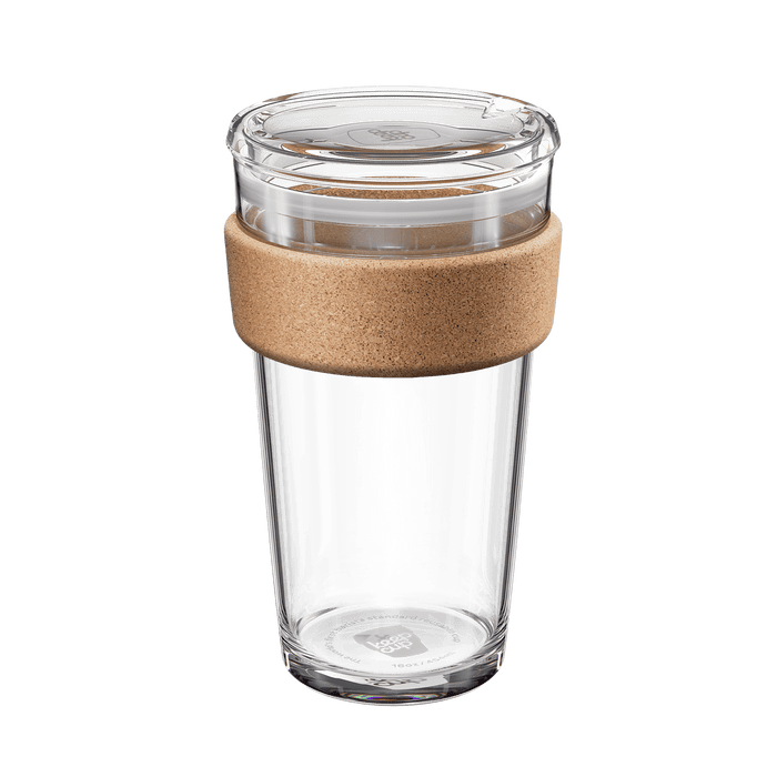 KeepCup Brew Cork Quicksip L 16oz reusable glass coffee cup with natural cork band and clear plastic lid, shown at a slight angle against a white background.