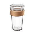 KeepCup Brew Cork Quicksip L 16oz reusable glass coffee cup with natural cork band and clear plastic lid, shown at a slight angle against a white background.