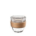 KeepCup Brew Cork Quicksip in size S 8oz, featuring a clear tempered glass cup with natural cork band and transparent plastic lid, shown against a white background.