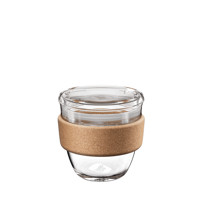 KeepCup Brew Cork Quicksip in size S 8oz, featuring a clear tempered glass cup with natural cork band and transparent plastic lid, shown against a white background.