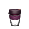 KeepCup Brew M 12oz in Alder, featuring a clear tempered glass cup with a deep plum silicone band and matching dark aubergine lid with sipper, shown against a white background.
