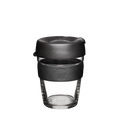KeepCup Brew M 12oz in Black, featuring a clear tempered glass cup with a charcoal grey silicone band embossed with the KeepCup logo and a matching black plastic lid, shown against a white background.