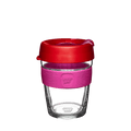 KeepCup reusable glass coffee cup with red lid, pink silicone band and clear glass body on white background
