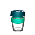 KeepCup Brew M 12oz in Eventide, featuring a clear glass cup with a teal silicone band embossed with the KeepCup logo, topped with a deep teal lid and light-coloured sipper plug, shown against a plain white background.