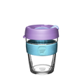 KeepCup Brew M 12oz in Moonlight, featuring a clear glass cup with a lavender-coloured lid and light blue silicone band, shown against a white background.