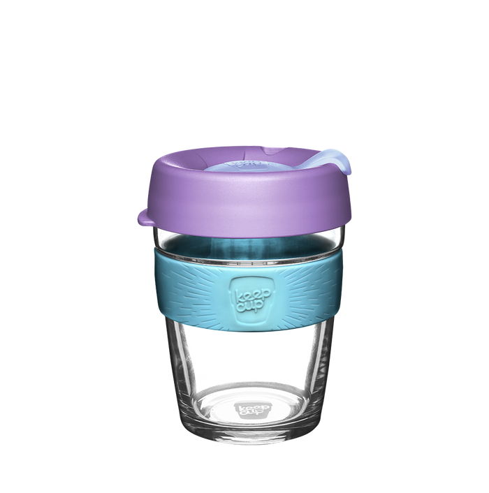 KeepCup Brew M 12oz in Moonlight, featuring a clear glass cup with a lavender-coloured lid and light blue silicone band, shown against a white background.