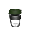 KeepCup Brew M 12oz in Pine, featuring a clear glass cup with dark charcoal silicone band and deep green lid with sipper closure, shown against a white background.