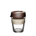 KeepCup Brew M 12oz in Roast, featuring a clear glass cup with a cream-coloured silicone band and brown plastic lid with sip hole, shown against a white background.
