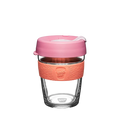 KeepCup Brew M 12oz in Tangerine, featuring a clear glass cup with a coral-coloured silicone band and dusty pink lid, shown against a white background.