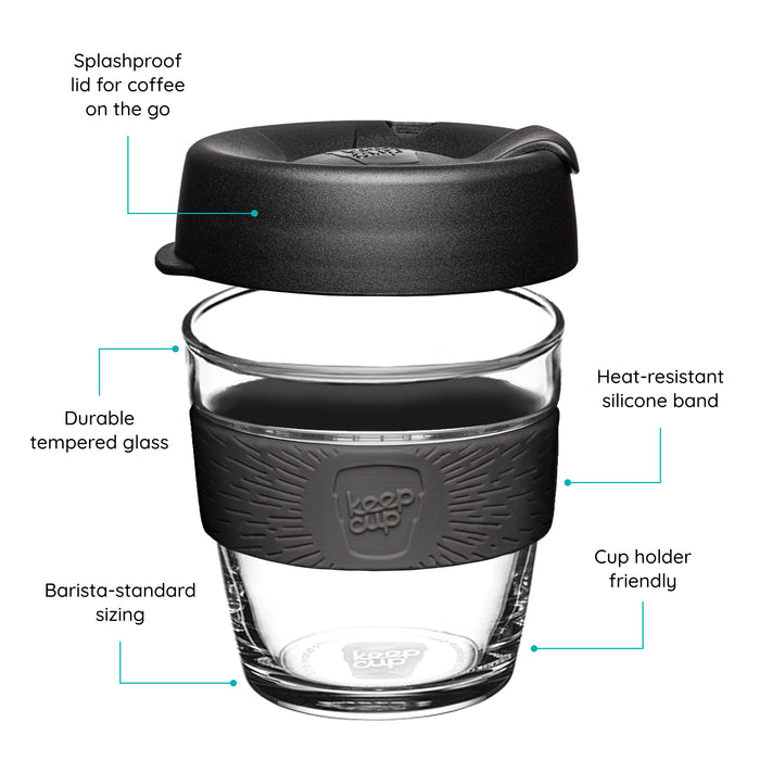 KeepCup Reusable coffee cup with black lid and band, text features on a white background