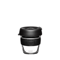 KeepCup Brew XS 6oz in Black, featuring a clear tempered glass cup with black silicone band and black plastic lid with sipper, shown front-on against a white background.