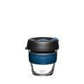 KeepCup Brew XS 6oz in Oxford Blue, featuring a clear glass cup with a navy blue silicone band and charcoal lid with matching blue plug, shown against a plain white background.