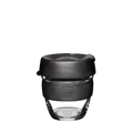 KeepCup Brew S 8oz in Black, featuring a clear glass cup with a charcoal silicone band embossed with the KeepCup logo and a black press-fit lid with sipper opening, shown against a white background.