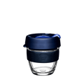 KeepCup Brew S 8oz in Ink colour, featuring a clear glass cup with navy blue silicone band and dark blue lid with matching plug, shown against a white background.