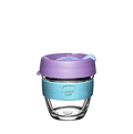 KeepCup Brew S 8oz in Moonlight, featuring a clear tempered glass cup with a light blue silicone band and lavender-coloured lid with sipper, shown against a white background.