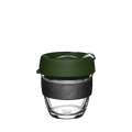 KeepCup Brew S 8oz in Pine, featuring a clear glass cup with dark charcoal silicone band and deep green lid, shown against a white background.