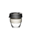 KeepCup Brew S 8oz in Press colour, featuring a clear tempered glass cup with cream-coloured silicone band and charcoal lid with sipper, shown against a white background.