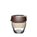KeepCup Brew S 8oz in Roast colour, featuring a clear tempered glass cup with a cream-coloured silicone band embossed with the KeepCup logo and a brown plastic lid with sipper opening, photographed against a plain white background.