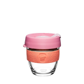 KeepCup Brew S 8oz in Tangerine, featuring a clear tempered glass cup with a coral silicone band and dusty pink lid with sipper, shown against a white background.