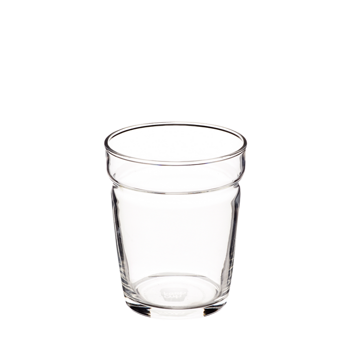 Brew Glass Base - M 12oz, a clear tempered glass cup with a slightly tapered shape and subtle horizontal band detail, shown empty against a white background.