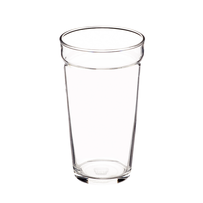 KeepCup Brew Glass Base in L 16oz size, a clear reusable glass tumbler with tapered sides and rolled rim, shown on a plain white background.