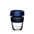 KeepCup Brew M 12oz in Ink colour, featuring a clear glass cup with a navy blue silicone band and dark blue lid with a blue plug, shown against a white background.