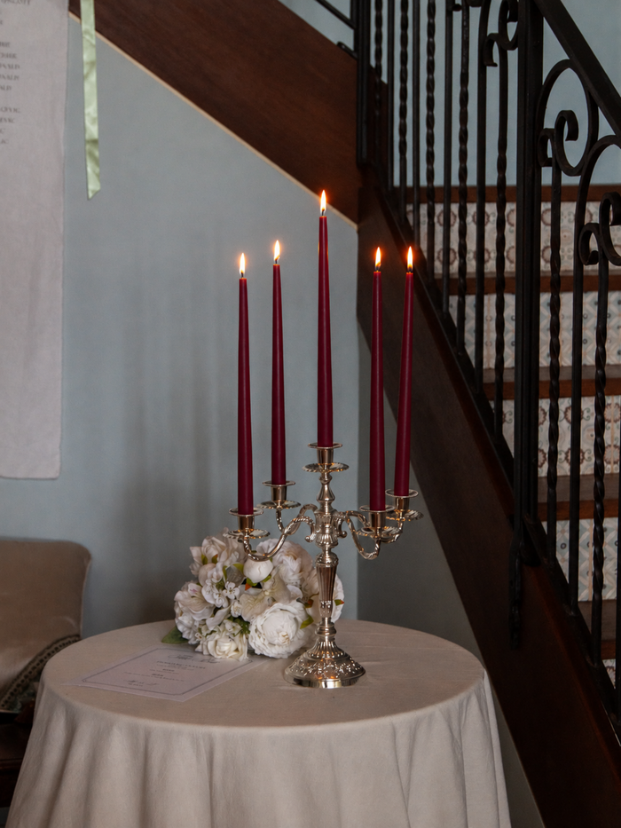 Burgundy 35cm & 45cm Taper Candles with Antique Silver Charlotte 5-Arm Candelabra - Set of 2 Pack of 10