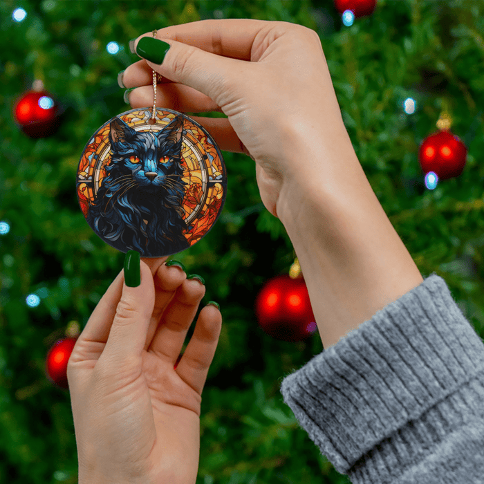 Cat, Personalized Cat Lovers Ceramic Ornament: Black/Blue Cat